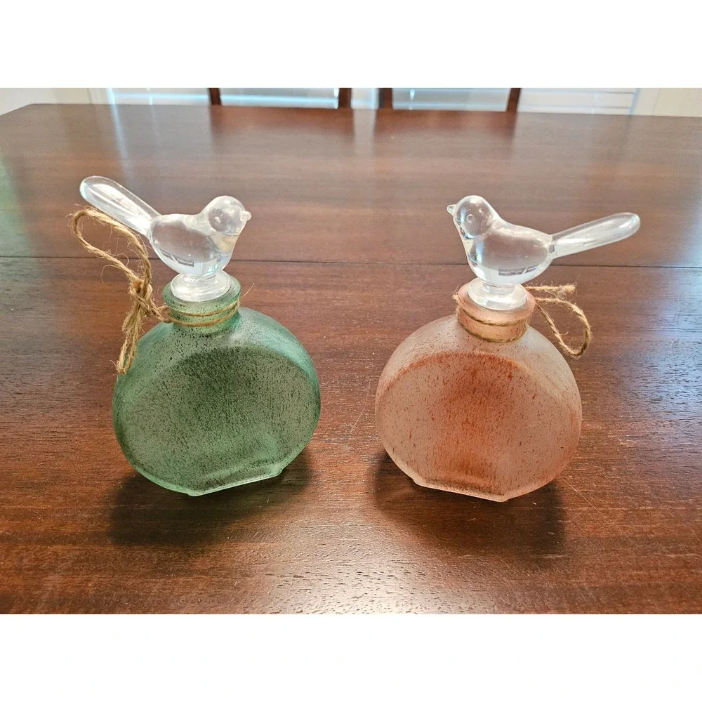 Glass Bird Decor Bottles Set of 2 Green Peach Frosted Decorative Vases